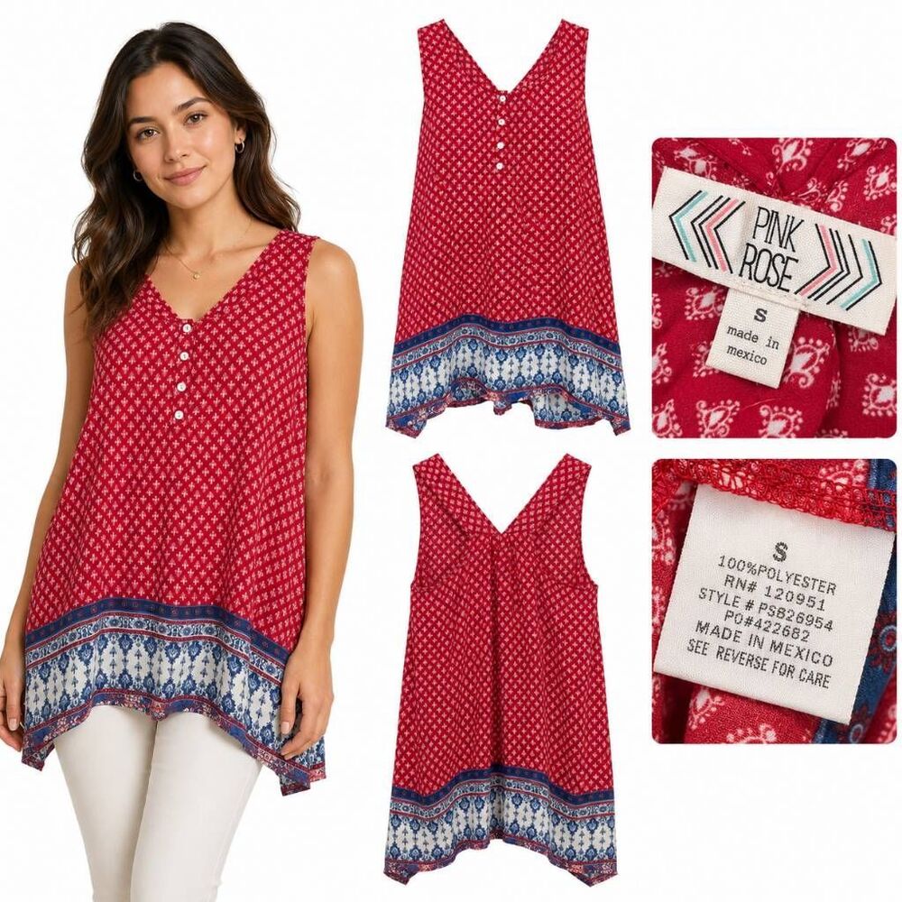Pink Rose S Red Boho Border Print Sleeveless Tunic Top